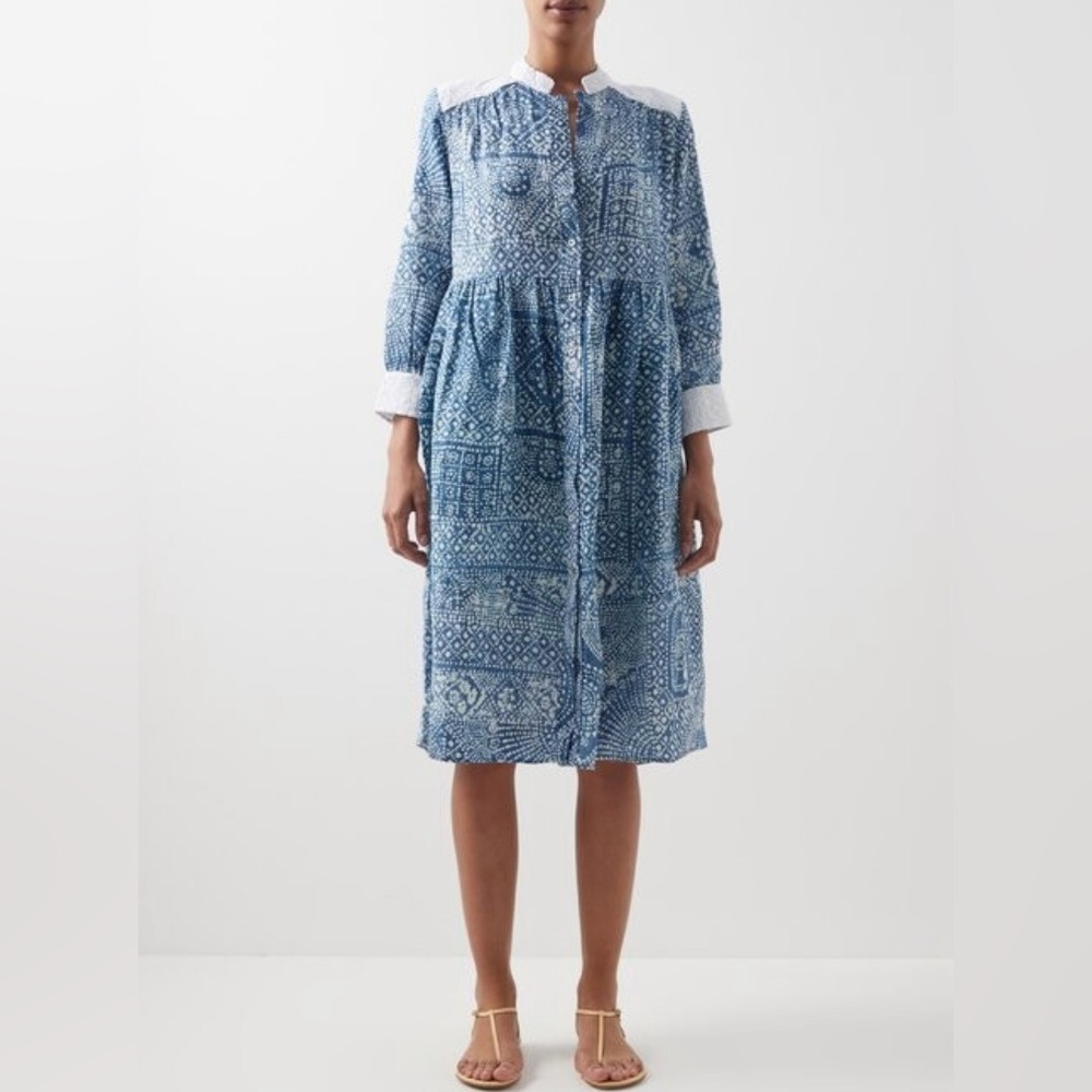 WIGGY KIT Bailey Stand-collar Linen Midi Shirt Dress XS Blue